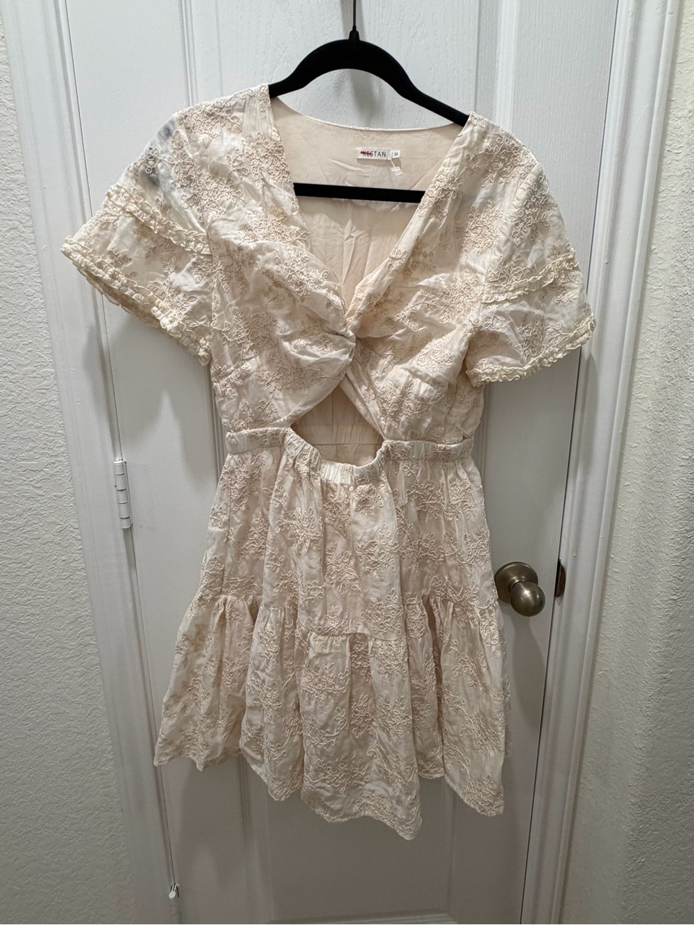 Boho Cream Lace Midi Dress with Front Twist and Cutout